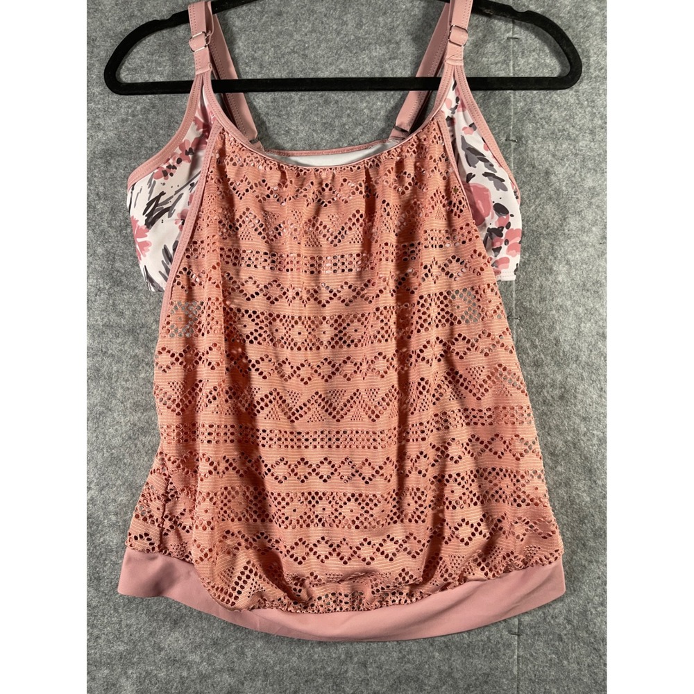 Denater Womens Pink Crochet Lace Layered Tankini Top Floral Print Size M